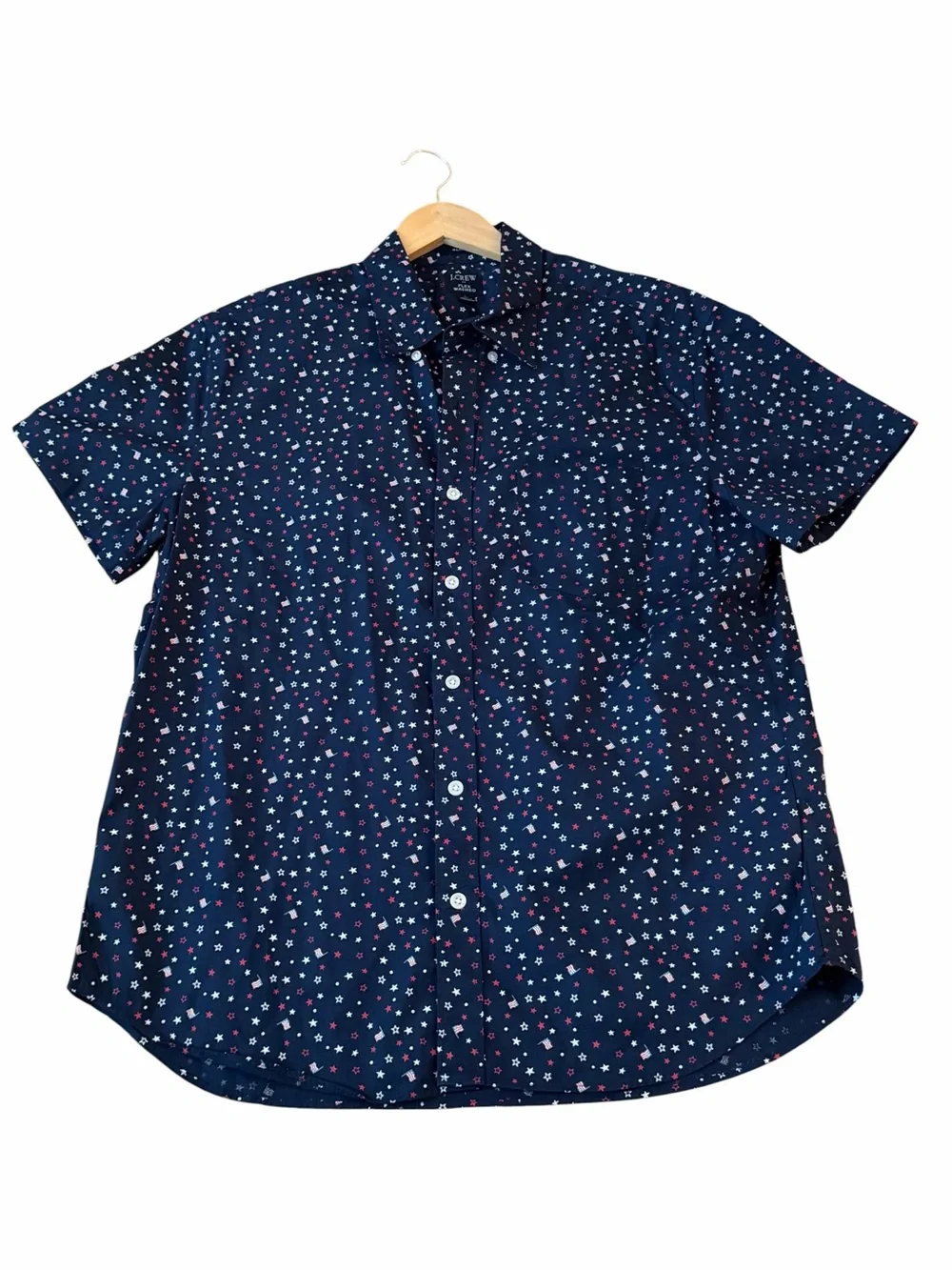 J.Crew Slim Flex Washed Short Sleeve Button Down Shirt Stars & Flags Size L